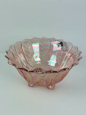 Vintage Imperial Glass Pink Iridescent Acanthus Leaf 4-Footed Bowl LIG Mark